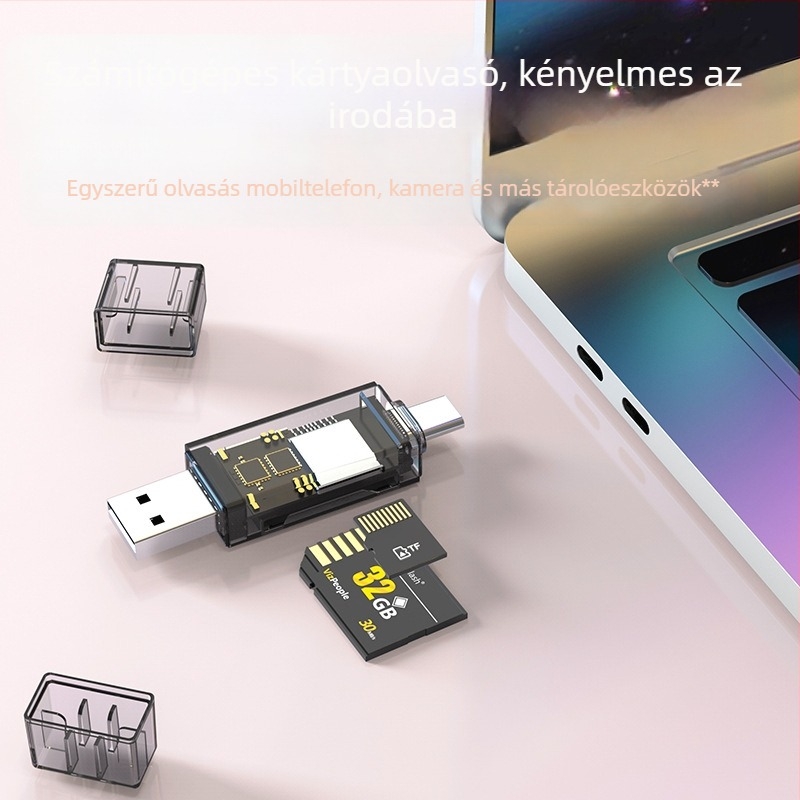 USB-C kártyaolvasó 2-in-1 SD/TF, USB 2.0, átlátszó ABS-PC ház