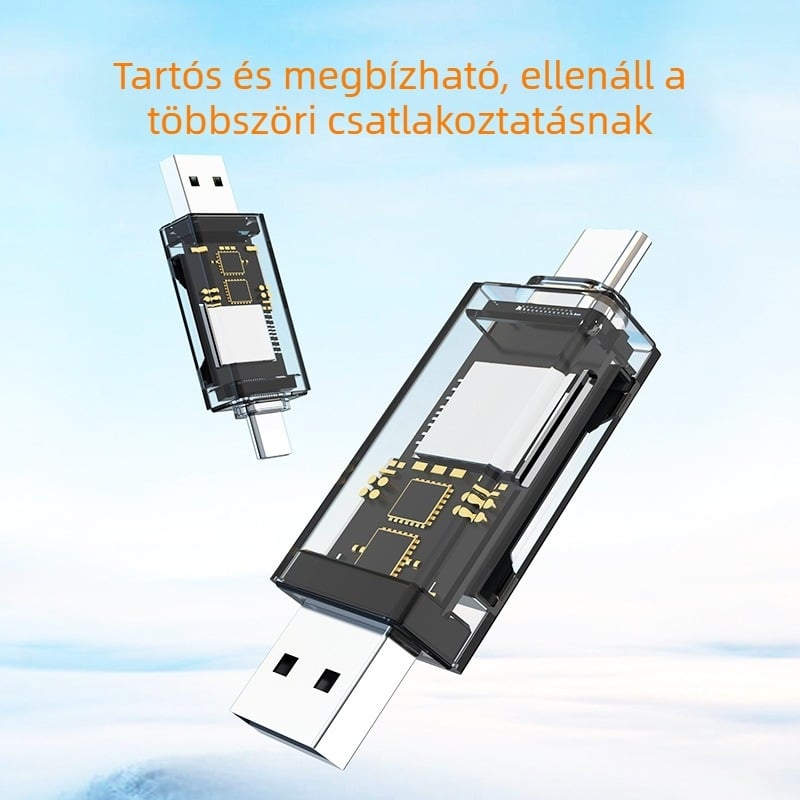USB-C kártyaolvasó 2-in-1 SD/TF, USB 2.0, átlátszó ABS-PC ház