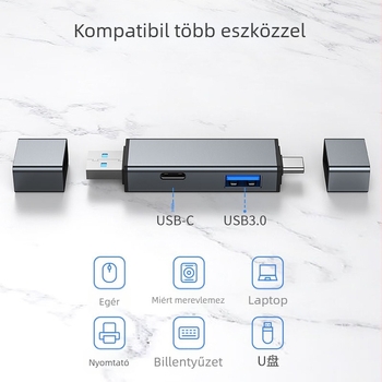 USB-C hub 3.0 SD/TF kártyaolvasóval, alumíniumötvözet test, 4-in-1, mobiltelefonokhoz és számítógépekhez