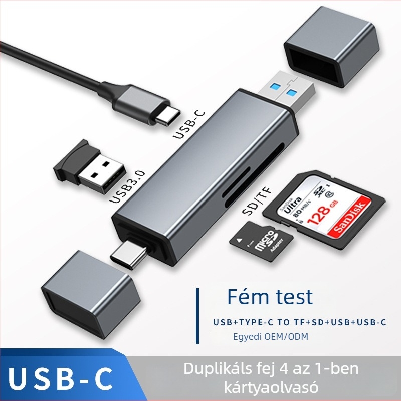 USB-C hub 3.0 SD/TF kártyaolvasóval, alumíniumötvözet test, 4-in-1, mobiltelefonokhoz és számítógépekhez