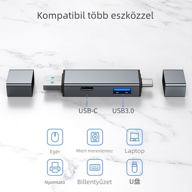 USB-C hub 3.0 SD/TF kártyaolvasóval, alumíniumötvözet test, 4-in-1, mobiltelefonokhoz és számítógépekhez