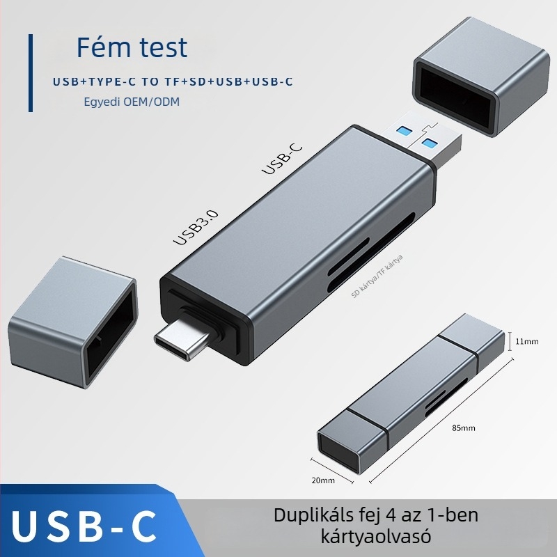 USB-C hub 3.0 SD/TF kártyaolvasóval, alumíniumötvözet test, 4-in-1, mobiltelefonokhoz és számítógépekhez