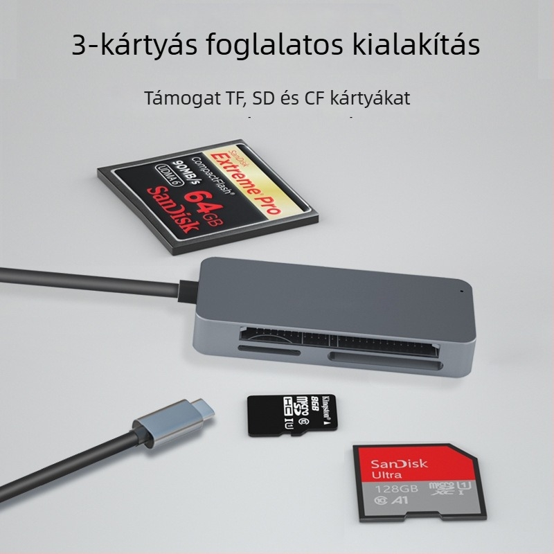 Type-C kártyaolvasó USB 3.0 — 3-in-1 külső olvasó mobilra és számítógépre, CF/SD/TF támogatás, Windows 7 kompatibil