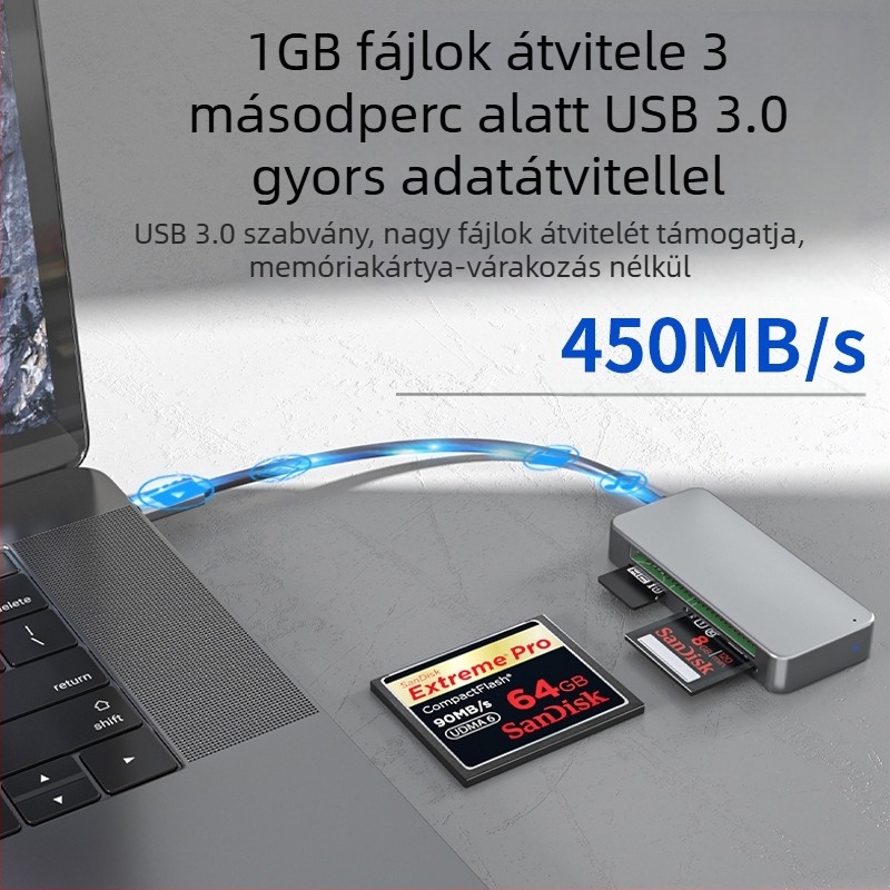 Type-C kártyaolvasó USB 3.0 — 3-in-1 külső olvasó mobilra és számítógépre, CF/SD/TF támogatás, Windows 7 kompatibil