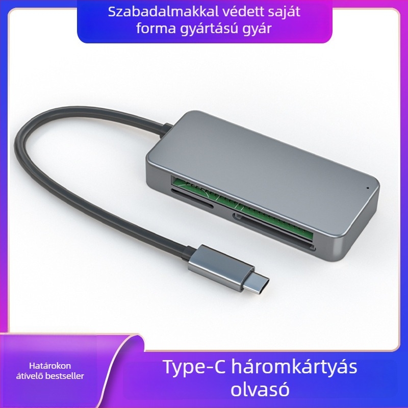 Type-C kártyaolvasó USB 3.0 — 3-in-1 külső olvasó mobilra és számítógépre, CF/SD/TF támogatás, Windows 7 kompatibil