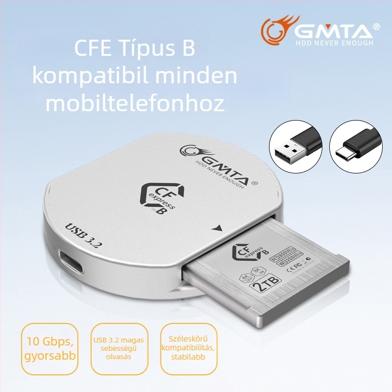 Gmta CF kártyaolvasó Type-C USB 3.2 Gen2, külső, alumíniumötvözet, CF kártya-támogatás, DSLR kamerákhoz és mobil eszközökhöz