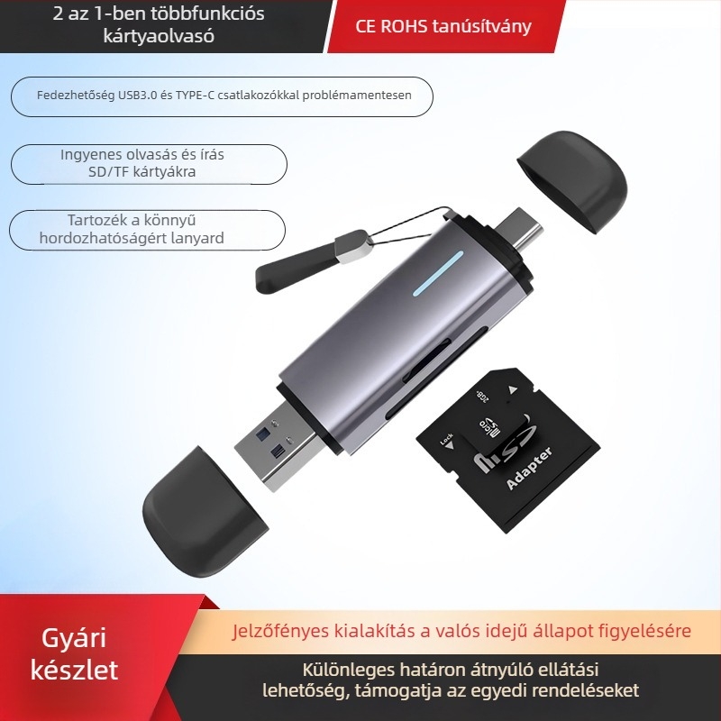 Ha-423 USB 3.0/Type-C kettős interfész kártyaolvasó, TF/SD támogatás, OTG Androidhoz és PC-hez, alumínium ötvözet