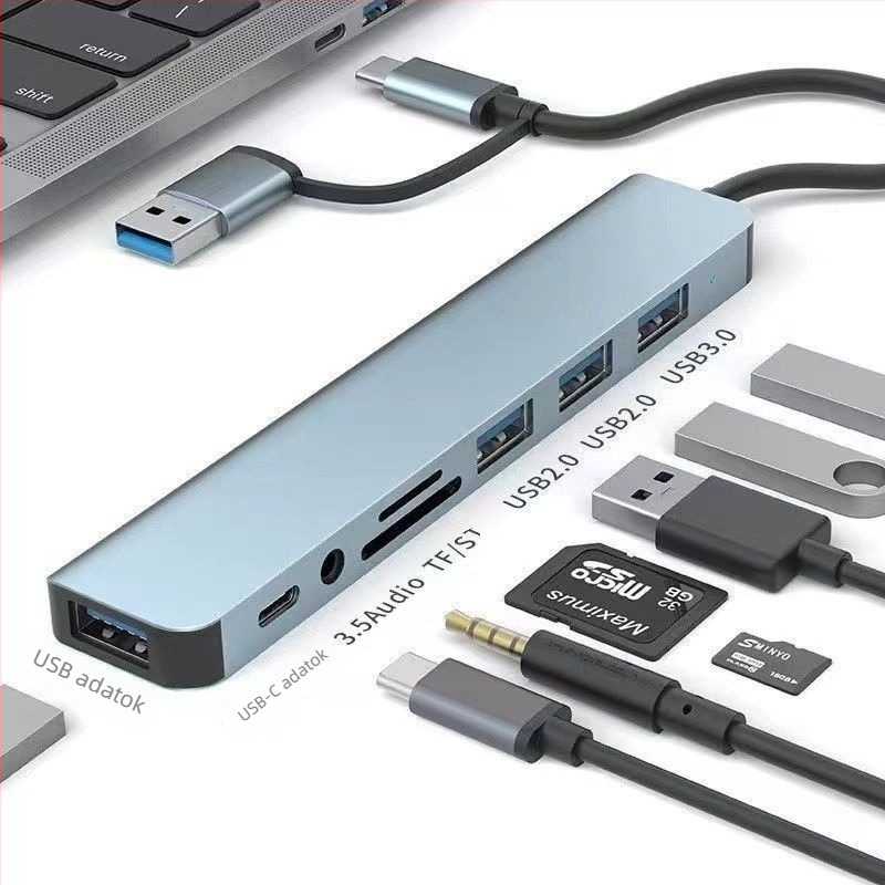 8-port USB-C hub SD/TF kártyaolvasóval, USB 3.0/2.0 és 3,5 mm audio