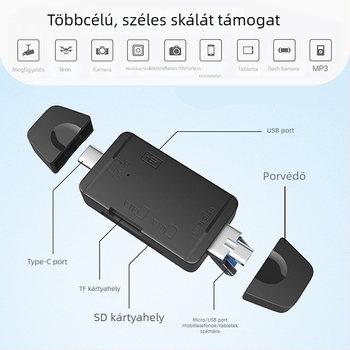 6 az 1-ben USB-kártyaolvasó SD/TF-hez számítógépekhez és Android‑os eszközökhöz ( USB 2.0 interfész; SD/TF kártya támogatás; Android/Type-C/USB portok; modell Z-233; OEM elérhető )