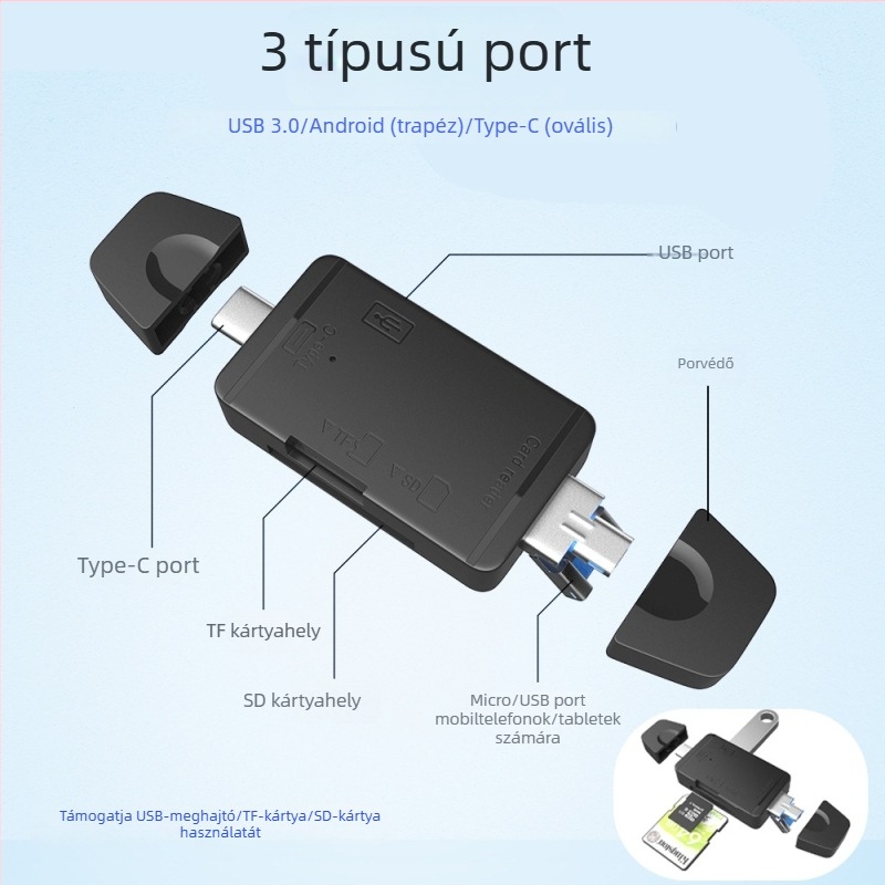 6 az 1-ben USB-kártyaolvasó SD/TF-hez számítógépekhez és Android‑os eszközökhöz ( USB 2.0 interfész; SD/TF kártya támogatás; Android/Type-C/USB portok; modell Z-233; OEM elérhető )