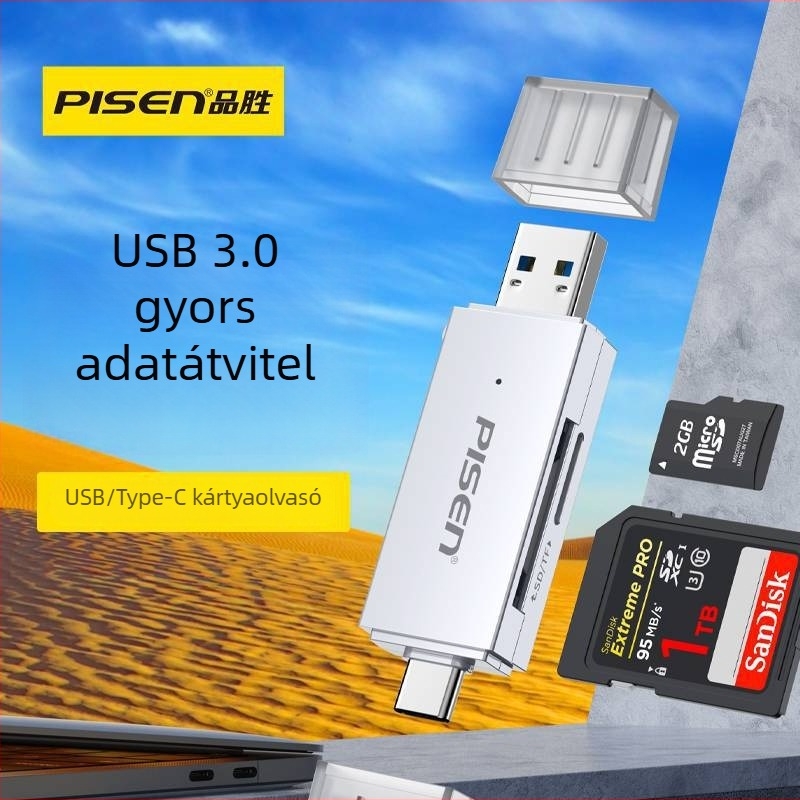 Pisen USB 3.0 OTG Kártyaolvasó SD/TF-hez — USB-C dupla használatra telefonhoz és számítógéphez