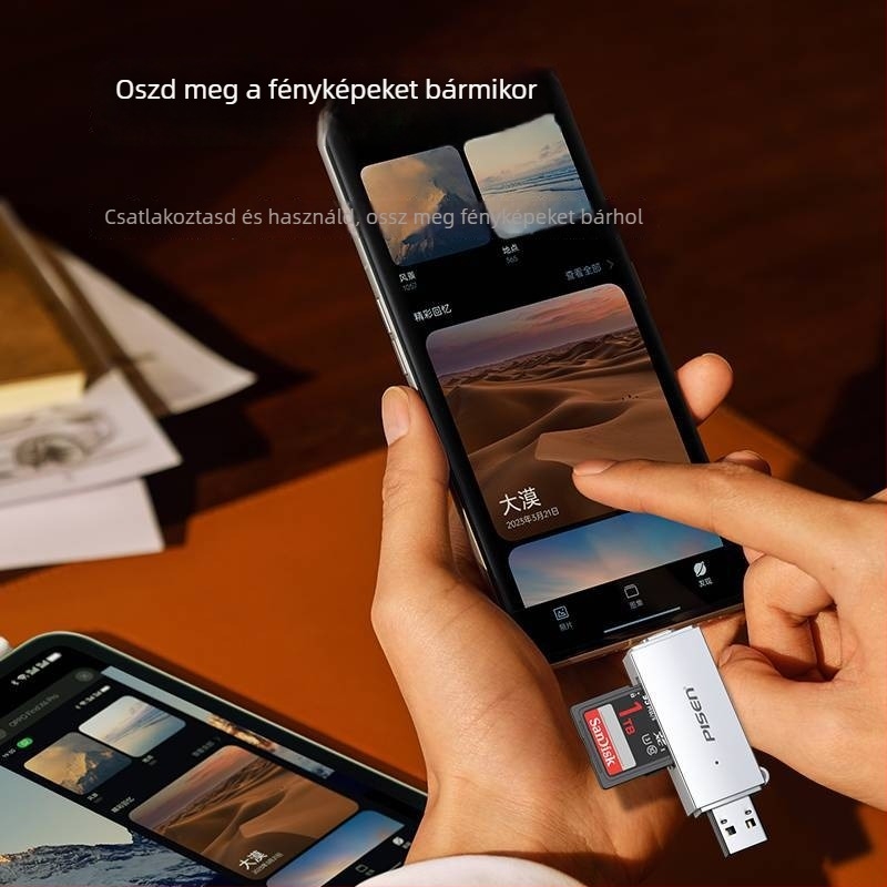 Pisen USB 3.0 OTG Kártyaolvasó SD/TF-hez — USB-C dupla használatra telefonhoz és számítógéphez
