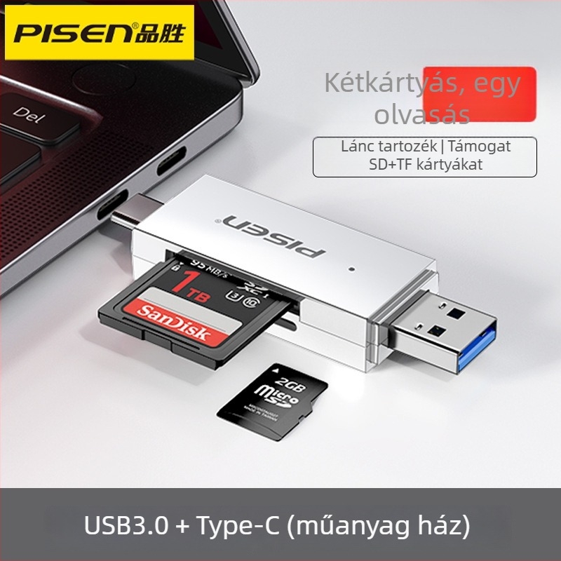 Pisen USB 3.0 OTG Kártyaolvasó SD/TF-hez — USB-C dupla használatra telefonhoz és számítógéphez