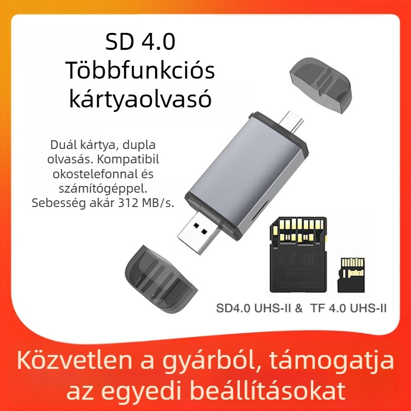 UHS-II SD4.0 kártyaolvasó Type-C és USB-vel – SD/SDHC/TF/Mini SDHC támogatás, alumínium ötvözet, modell T-933D