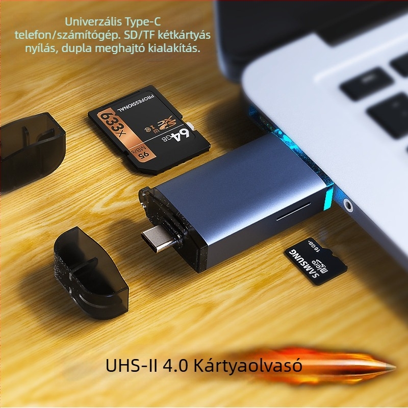 UHS-II SD4.0 kártyaolvasó Type-C és USB-vel – SD/SDHC/TF/Mini SDHC támogatás, alumínium ötvözet, modell T-933D