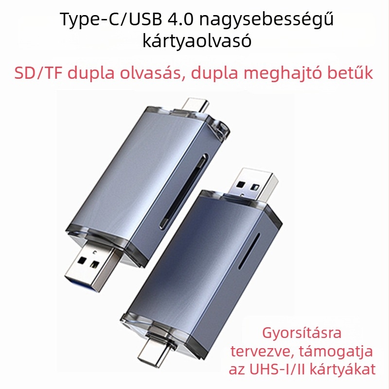 UHS-II SD4.0 kártyaolvasó Type-C és USB-vel – SD/SDHC/TF/Mini SDHC támogatás, alumínium ötvözet, modell T-933D
