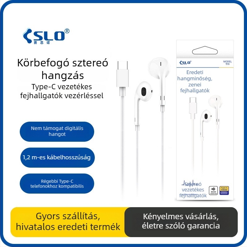 Type-C fülhallgató In-Ear vezetékes, inline vezérléssel, mozgó tekercs meghajtó, 1,2 m kábel, Android-kompatibilis