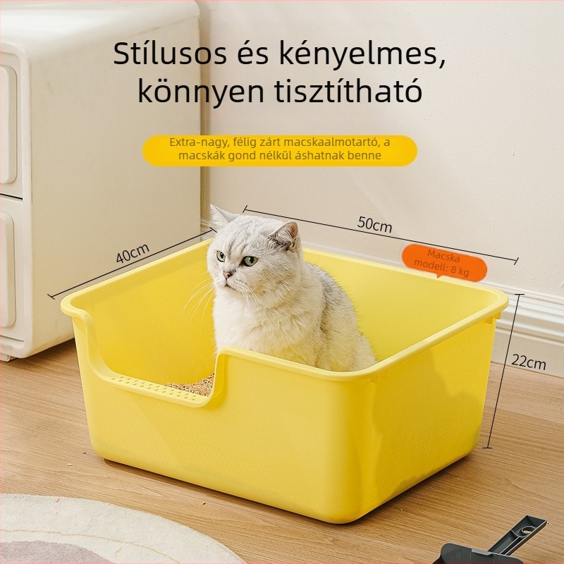 Egybeépített, XXL méretű macskaalom-doboz nyitott kialakítással, fröccsenés elleni védelemmel és félig zárt kivitel