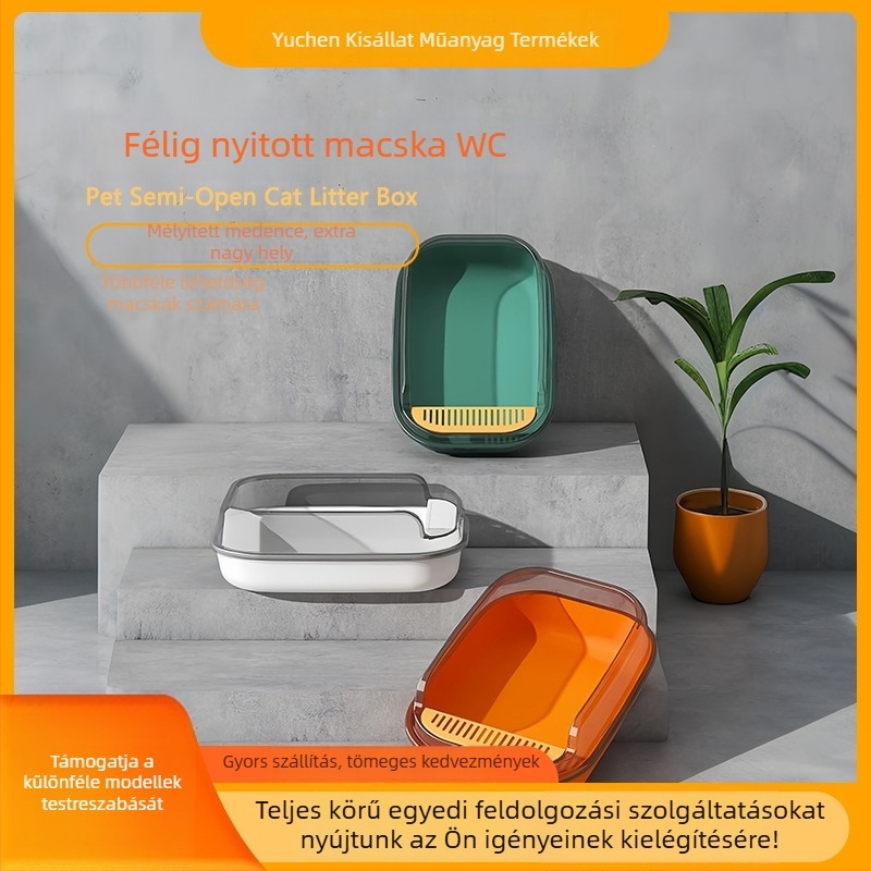 Félzárt macskaalom-tál, fröccsenés elleni védelemmel, magas oldalakkal, nagy méret, nyitott kivitel, tartalmaz macskaalom-kanál