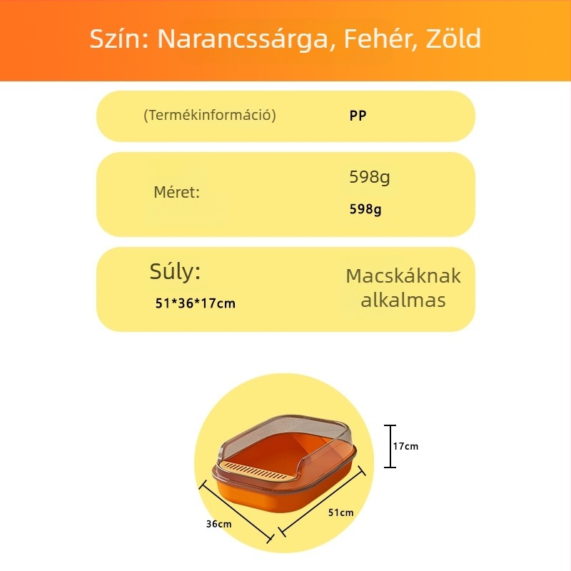 Félzárt macskaalom-tál, fröccsenés elleni védelemmel, magas oldalakkal, nagy méret, nyitott kivitel, tartalmaz macskaalom-kanál