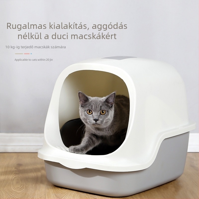 Macskaalomtálca fröccsenés elleni védelemmel, nyitható fedéllel, teljesen zárt, PP anyag, Márka Love