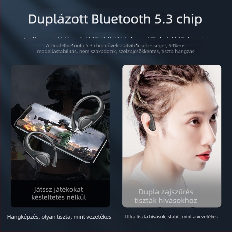 Bluetooth vezeték nélküli fülhallgató fülbeakasztó dizájnnal, Bluetooth 5.3, 15 m hatótáv, vízálló, 8+ órás üzemidő, alacsony késleltetés esportokhoz