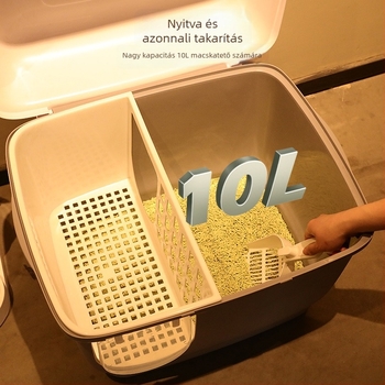 Folyosó-stílusú macskaalmotálca, teljesen zárt, hosszú csatornával, por- és szag elleni védelemmel, PP anyag