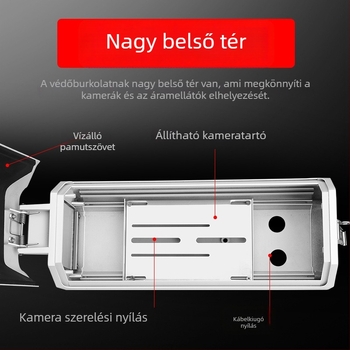 Kültéri megfigyelő kamera védőburkolat, gun típusú, műanyag ház; kábelátmérő max. 2 cm; üzemi hőmérséklet -30°C-tól 60°C-ig; csavaros rögzítés; ablak méret 60×60 mm.