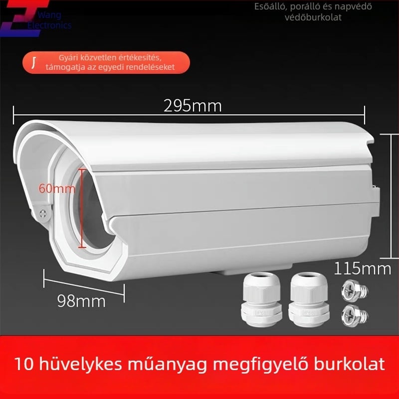 Kültéri megfigyelő kamera védőburkolat, gun típusú, műanyag ház; kábelátmérő max. 2 cm; üzemi hőmérséklet -30°C-tól 60°C-ig; csavaros rögzítés; ablak méret 60×60 mm.