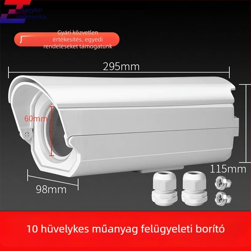 Kültéri megfigyelő kamera védőburkolat, gun típusú, műanyag ház; kábelátmérő max. 2 cm; üzemi hőmérséklet -30°C-tól 60°C-ig; csavaros rögzítés; ablak méret 60×60 mm.