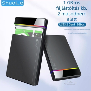 Shuole U25n-l 2,5 hüvelykes Type-C szerszám nélküli külső HDD tok RGB indikátorral, USB 3.2 Gen 1 (5 Gbps), PC+ABS, 6TB-ig támogatott