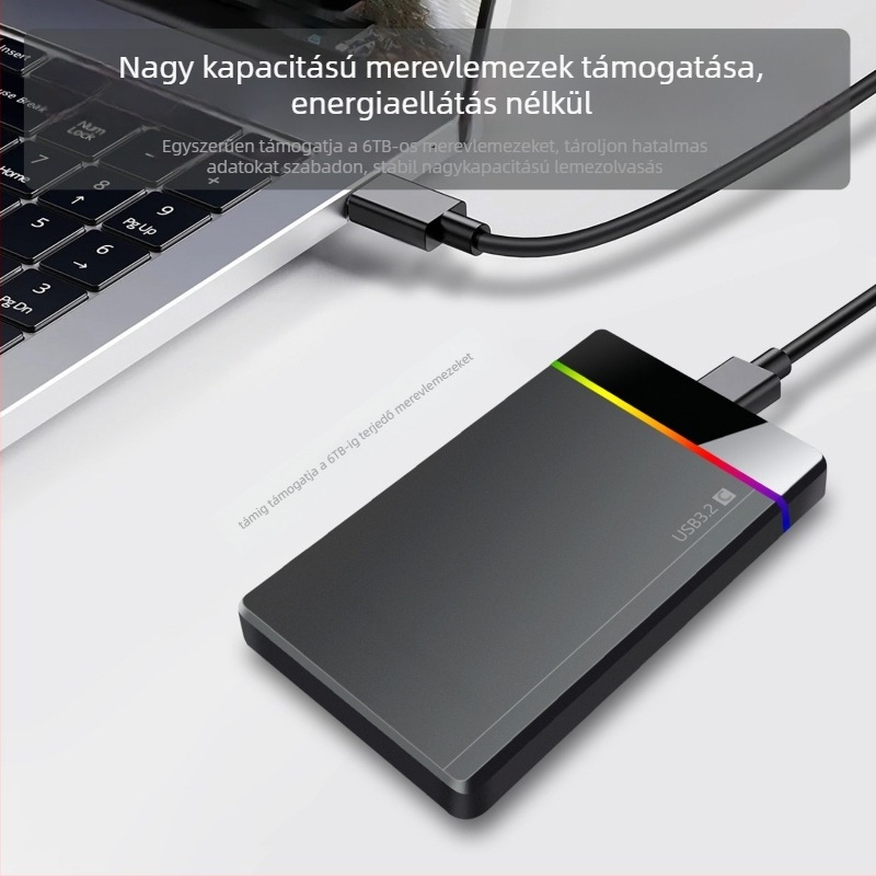 Shuole U25n-l 2,5 hüvelykes Type-C szerszám nélküli külső HDD tok RGB indikátorral, USB 3.2 Gen 1 (5 Gbps), PC+ABS, 6TB-ig támogatott