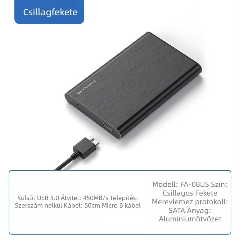 2,5 hüvelykes SATA külső merevlemez-ház, USB 3.0, 5 Gbps, alumíniumötvözet, FA-08US modell, OEM támogatás