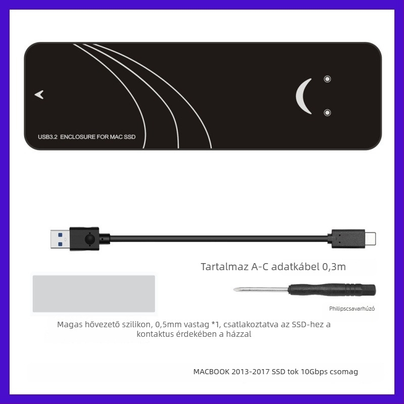 SSD-ház MacBook Air/Pro (2013–2017), USB 3.2 Gen2 Type-A, akár 3 TB-ig, modell Enc2mac-j31, PCB anyag