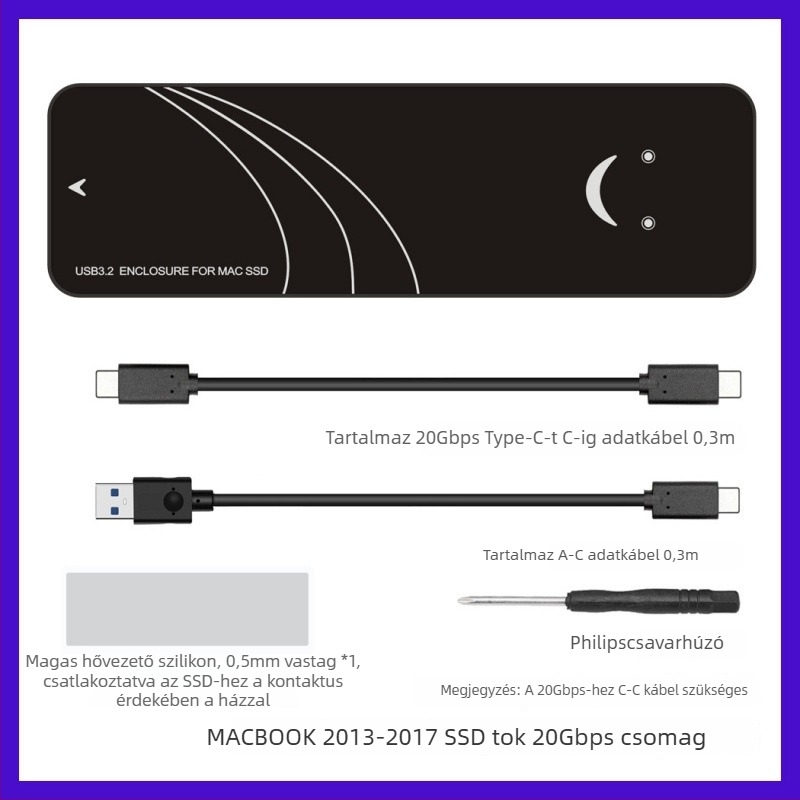 SSD-ház MacBook Air/Pro (2013–2017), USB 3.2 Gen2 Type-A, akár 3 TB-ig, modell Enc2mac-j31, PCB anyag
