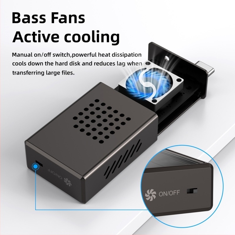 M.2 NVMe külső SSD tok ventilátorral, cinkötvözet, 10 Gbps, átlátszó felső fedél