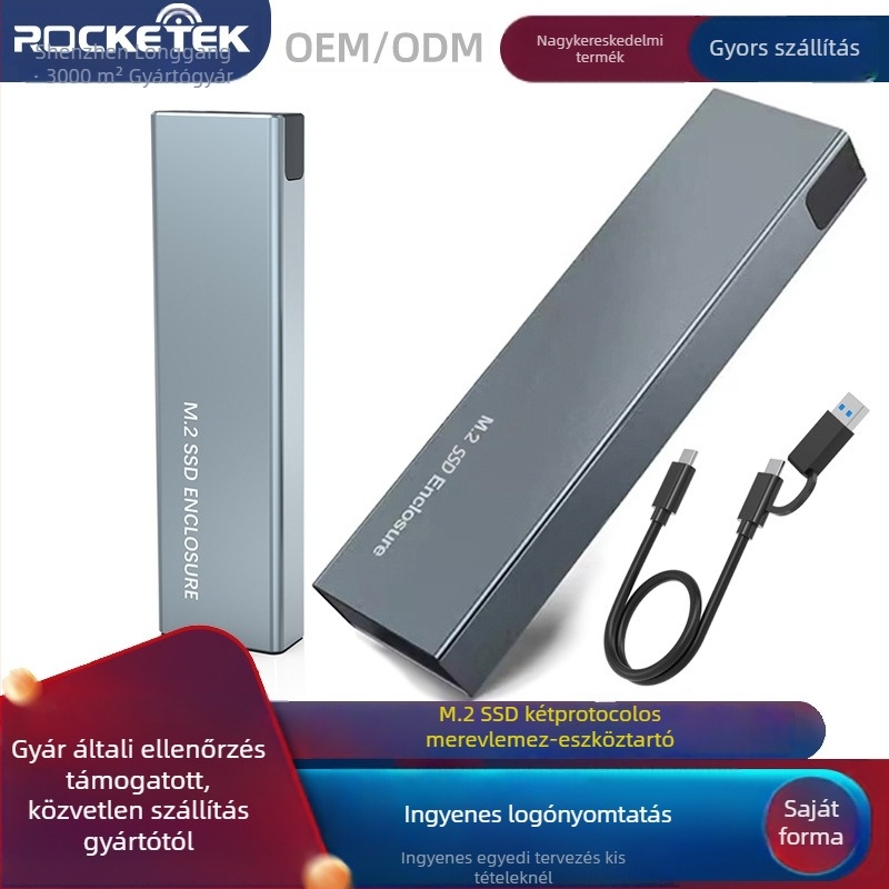 M.2 kettős protokoll NVMe/SATA SSD-ház, Type-C 3.2 Gen2, alumínium ház, 2TB támogatás, 10 Gbps