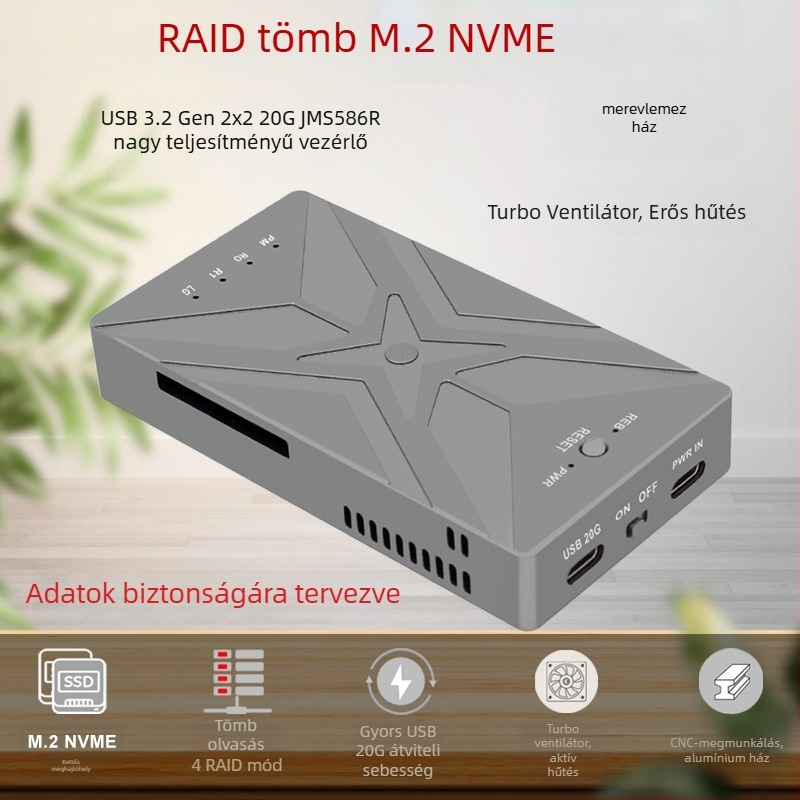 M.2 NVMe SSD RAID tároló Type-C USB 3.2 Gen2x2, 20Gbps, alumínium ötvözet, akár 4TB, PH8586R