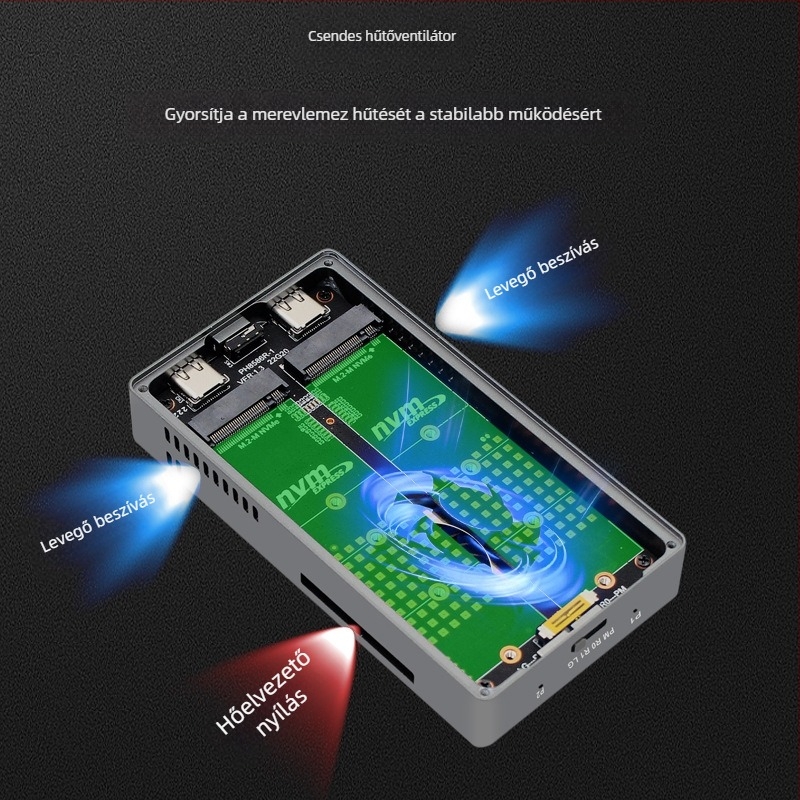 M.2 NVMe SSD RAID tároló Type-C USB 3.2 Gen2x2, 20Gbps, alumínium ötvözet, akár 4TB, PH8586R