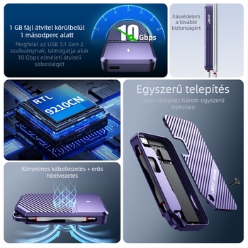 M.2 NVMe SSD külső ház írásvédelmi funkcióval, alumíniumötvözetből, akár 4 TB-ig, 10 Gbps átviteli sebesség
