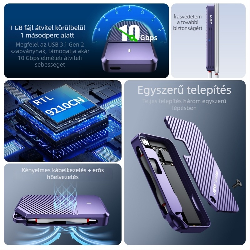 M.2 NVMe SSD külső ház írásvédelmi funkcióval, alumíniumötvözetből, akár 4 TB-ig, 10 Gbps átviteli sebesség