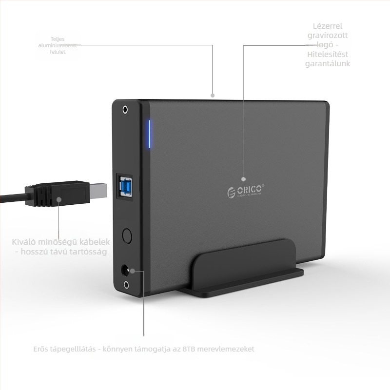 Orico 7688U3 USB 3.0 külső merevlemez tok alumínium házzal, támogatja a 16TB-ot, 6Gbps