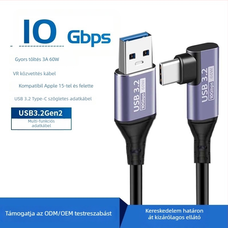 USB-C 90 fokos adatkábel, USB 3.2 Gen2, 10Gbps adatátvitel, PD 60W gyors töltés, VR streaminghez és külső meghajtókhoz
