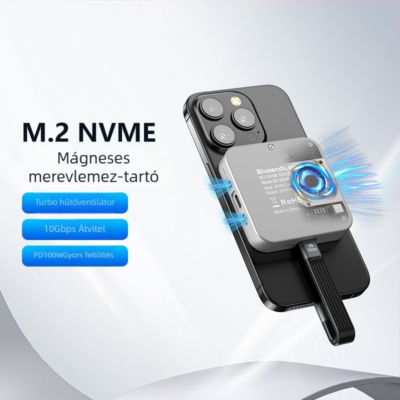 Mágneses 2242 NVMe SSD Tok, 2TB, USB-C 3.2 Gen2 10Gbps, Alumínium ötvözet ház, PD100W gyors töltés ventilátorral