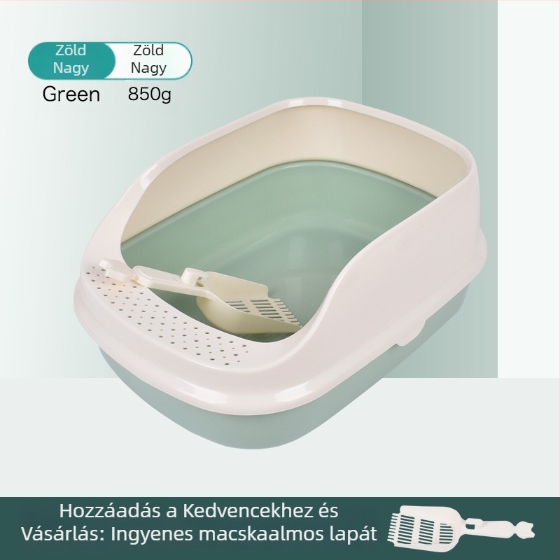 Nagy méretű, fél-zárt macskaalom-tálca PP műanyagból, fröccsenés elleni védelem
