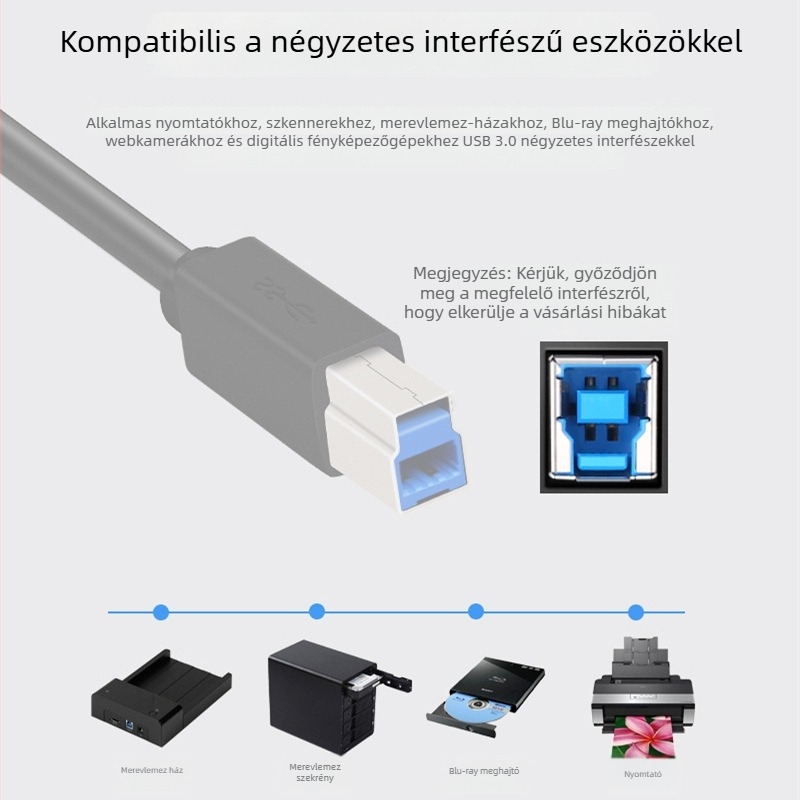 USB 3.0 kábel nyomtató-/másoló készülékekhez, tiszta rézmaggal, nagy sebességű, négyzetes USB 3.0 csatlakozó