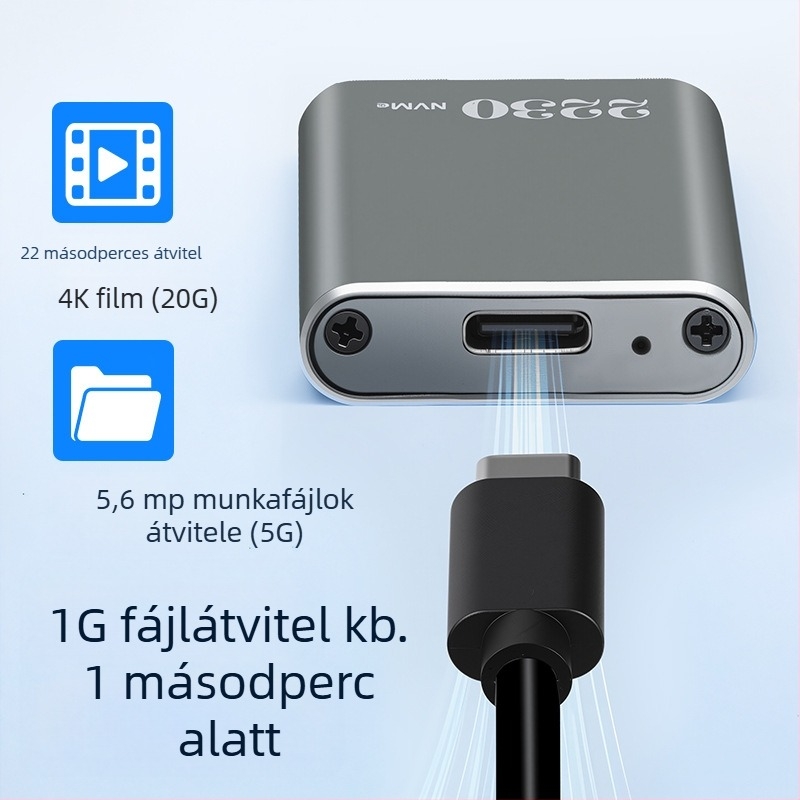 M.2 NVMe SSD tok, alumínium ötvözet, USB 3.2 Type-C, 10Gbps, 2230 formátum, támogatja 2TB-ig