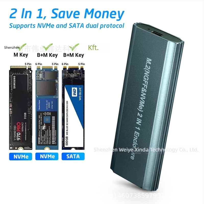 Yesunion M.2 szerszámmentes SSD tok, kettős SATA/NVMe támogatás, USB 3.1 Gen2 Type-C, 10Gbps, akár 2TB-ig