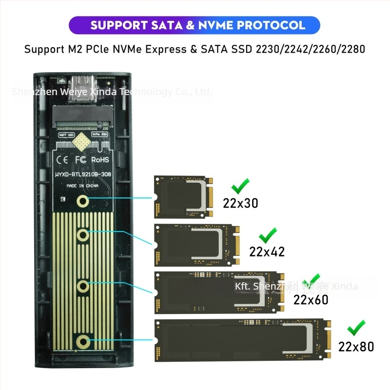 Yesunion M.2 szerszámmentes SSD tok, kettős SATA/NVMe támogatás, USB 3.1 Gen2 Type-C, 10Gbps, akár 2TB-ig