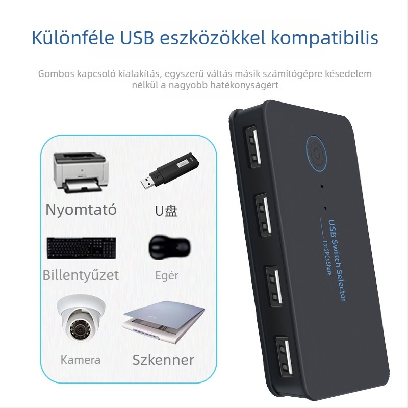 Walbuss USB-204 USB 2.0 kapcsoló/hub, 2 bemenet, 4 kimenet, 1 m kábel, külső tápellátás nélkül, 480 Mbps